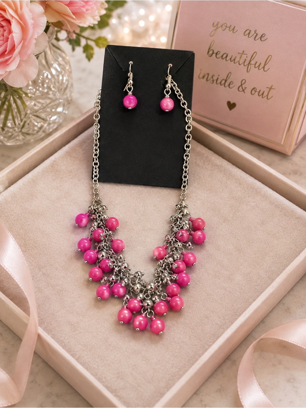 Silver and pink Beaded Necklace and Earring Set